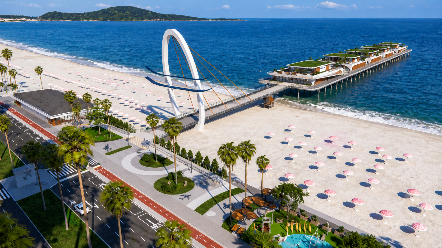 Orla de Praia Grande com praia, ponte, ciclovia e pier